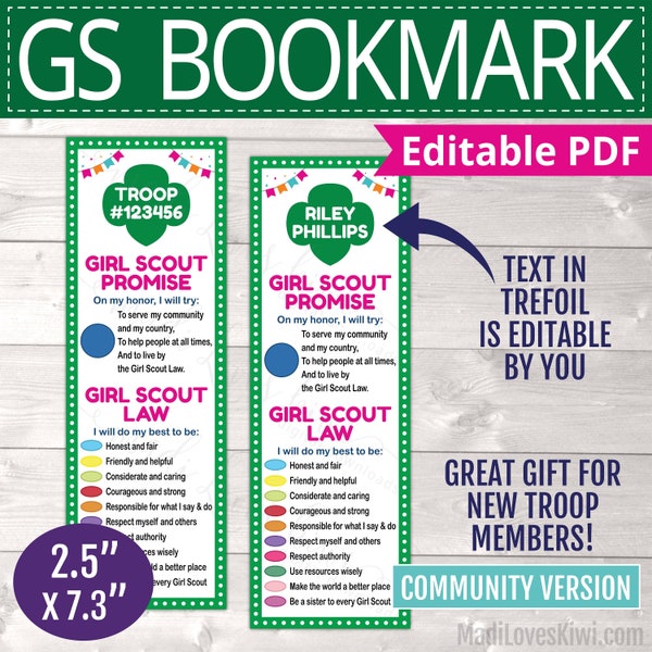 Editable Scout Bookmark with Community Promise and Law, Printable Daisy Petal Chart Instant Download, Book Mark Template Girl  Troop Digital