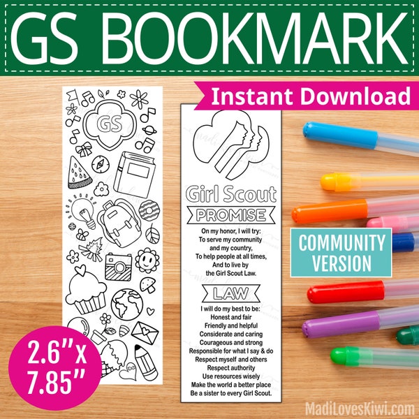 Printable Scout Promise & Law Bookmark COMMUNITY, Girl Troop Meeting Activity, Coloring Page Book Mark Instant Download, Digital I Spy Sheet