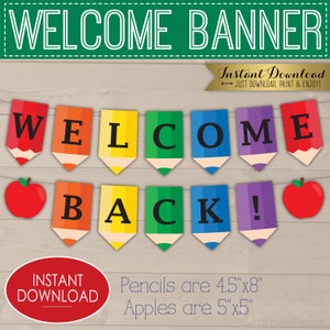 Printable Pencil Welcome Banner, Rainbow Colored Back to School Bunting, Pennant Classroom Decor, Teacher Class Decorations Digital Download image 1