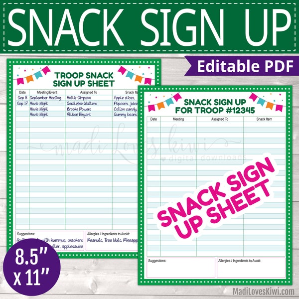 Editable Scout Meeting Snack Sign Up with Allergy, Printable Girl Troop Leader Planner Sheet Log Instant Download Weekly Chart Monthly Event