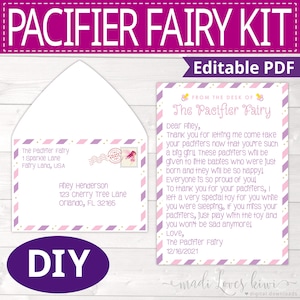 Printable Pacifier Fairy Letter Kit, Personalized Binky Note For Girl, Editable Paci Instant Download, Pink Purple Toddler Kid Template Idea image 1