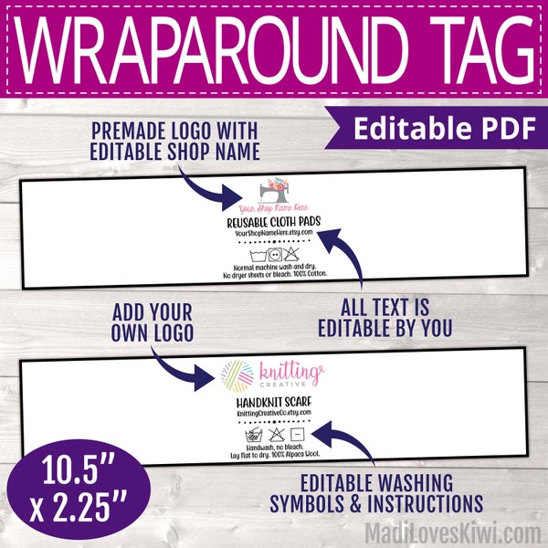 EDITABLE Wraparound Label Template, Printable Handmade Product Care Tag For Reusable Cloth Pad, Knit Scarf, Cowl, Hat, Logo Instruction Band