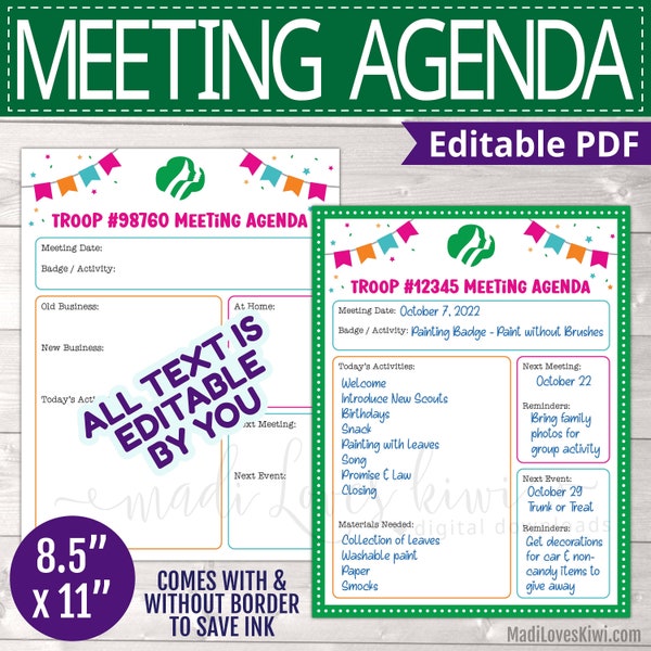 Editable Scout Meeting Agenda, Printable Girl Troop Leader Planner, Activity Log Instant Download Weekly Badge Sheet Chart Monthly Event PDF
