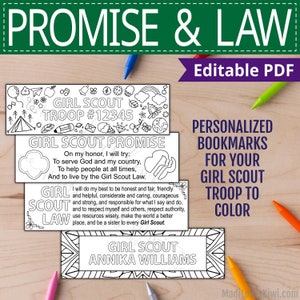 Printable Scout Promise & Law Bookmark, Editable Coloring Page, Girl Troop Meeting Activity, Personalized Book Mark Instant Download Sheet