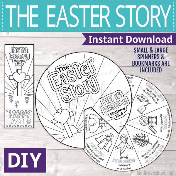 Printable Easter Story Wheel for Sunday School Activity, Last Supper Spinner Lesson, He is Risen Coloring Sheet Page Bookmark Cross Palm Kid