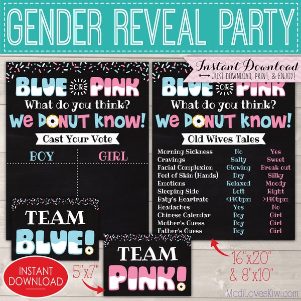 Blue or Pink Donut Gender Reveal Decorations, Printable Old Wives Tale Chalkboard Sign, Party Ideas, Voting Team Baby Boy Girl Digital Decor