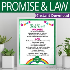 Printable Scout Promise and Law Poster for Troop, 8x10 & 8.5x11 Editable Rainbow Girl Sign Instant Download, Digital Wall Art PDF Template