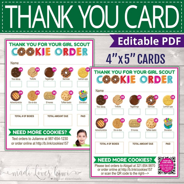 2024 LBB Girl Scout Thank You Card with QR Code, Printable Cookie Order Receipt, Editable Troop Booth Note Marketing, Price Instant Download