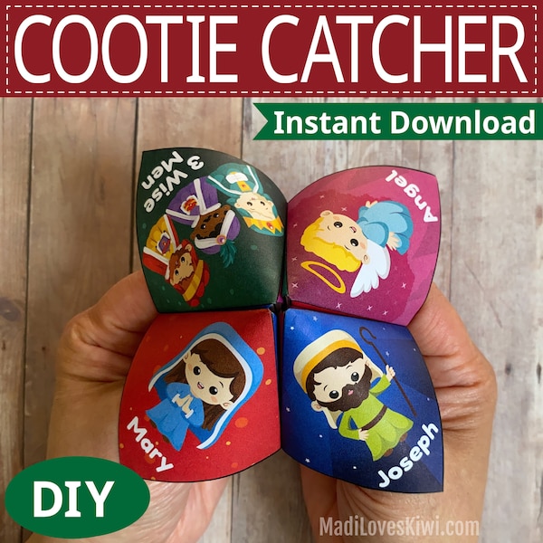 Christmas Cootie Catcher Game with Bible Verses, Printable Fortune Teller Activity for Sunday School DIY Scripture Chatter Box Coloring Page