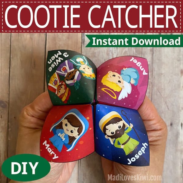 Weihnachten Cootie Catcher Spiel mit Bibelversen, druckbare Wahrsagerin Aktivität für Sonntagsschule DIY Schrift Chatter Box Malseite