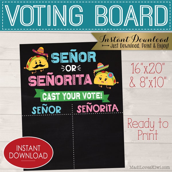 Señor or Señorita Gender Reveal Voting Board, Printable Party Decor Sign, Digital Chalkboard Taco Poster Idea, Cinco de Mayo Baby Decoration