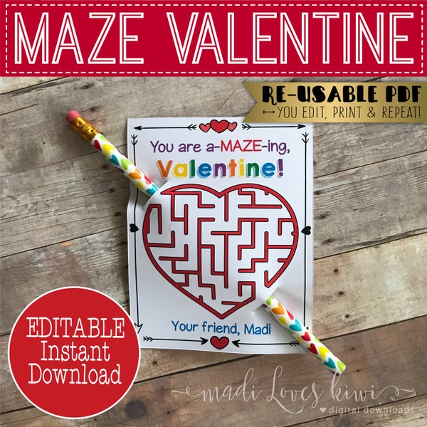 Printable Maze Valentine Card, Editable Pencil Holder Note Instant Download, Non Candy Heart Day for Kid, DIY School Teacher Gift to Student