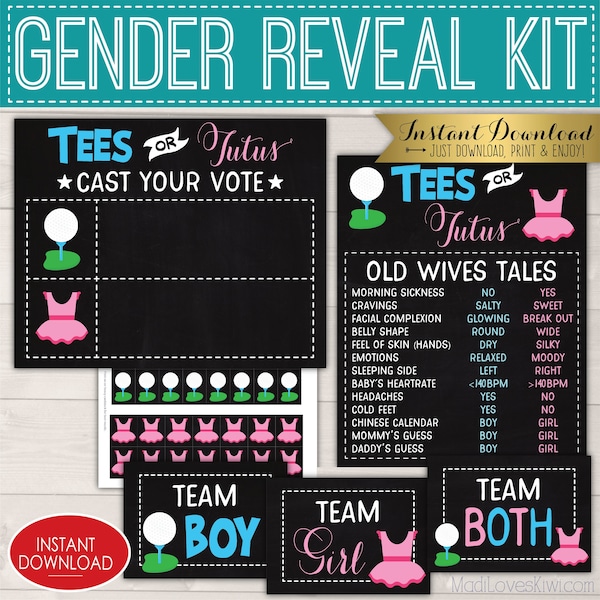 Tees oder Tutus Gender Reveal Party Dekoration Kit, druckbare old Wives Tales Sign, Twin Idea Golf Chalkboard Vote Board Digital Team Boy Girl