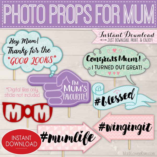 Happy Mother's Day Photo Booth Props, Printable MUM Sayings with UK Spelling, Mothers Day Party Decor, Instant Download Photobooth Gift Idea