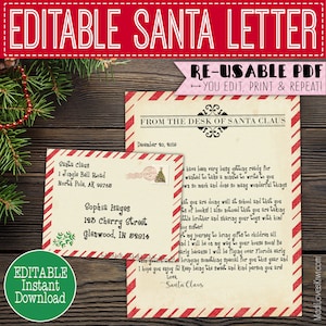 Printable Letter from Santa Claus, Customized Santa Letter Editable PDF Template Digital Christmas Mail with Envelope to Kids Child Reusable