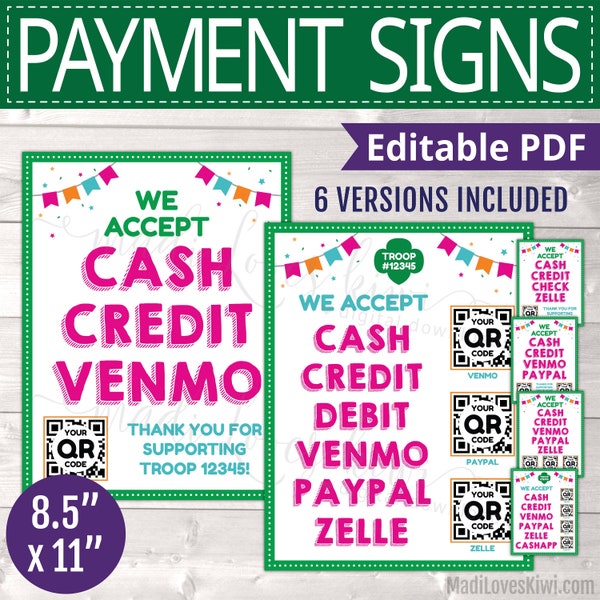 Editable Scout Cookie Booth Payment Accepted Sign, Printable Girl Troop Table Event Venmo QR Code Poster, Paypal Zelle Scan Instant Download