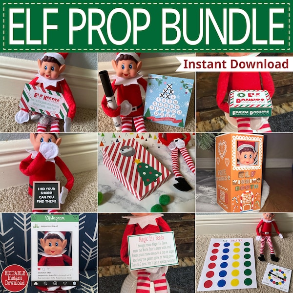Téléchargement instantané imprimable Elf Prop Bundle, jeu de cornhole de Noël, tableau à lettres modifiable, Kissing Booth, Donut Box Treat Twister Photo Sign
