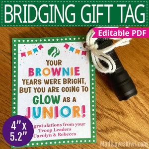 Personalized Scout Bridging Gift Tag, Editable Brownie To Junior Ceremony Note, Printable Girl Troop Leader Card Instant Download Template