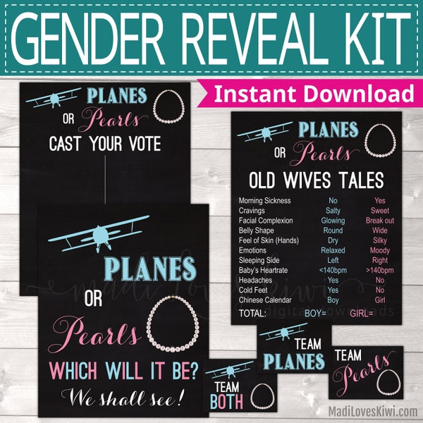 Planes or Pearls Gender Reveal Party Decoration Kit, Printable Old Wives Tale Sign, Welcome Chalkboard Vote Board Digital Team Boy Girl Idea