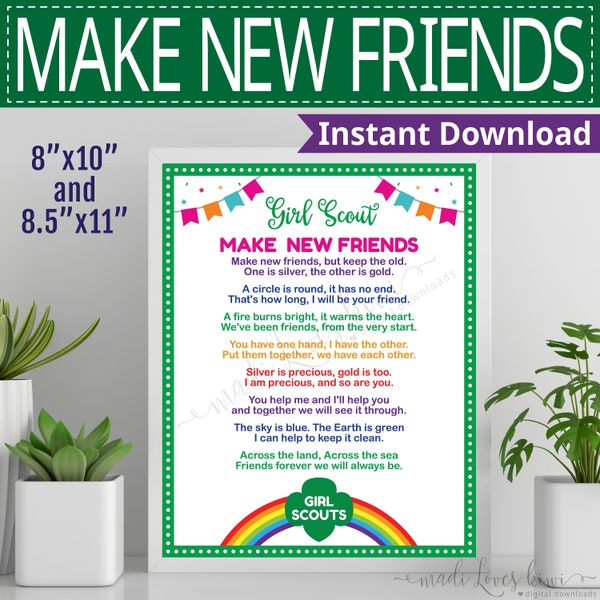Printable Scout Make New Friends Poster for Girl Troop, 8x10 & 8.5x11 Song Lyric Sign Instant Download, Digital Editable PDF Template Wall