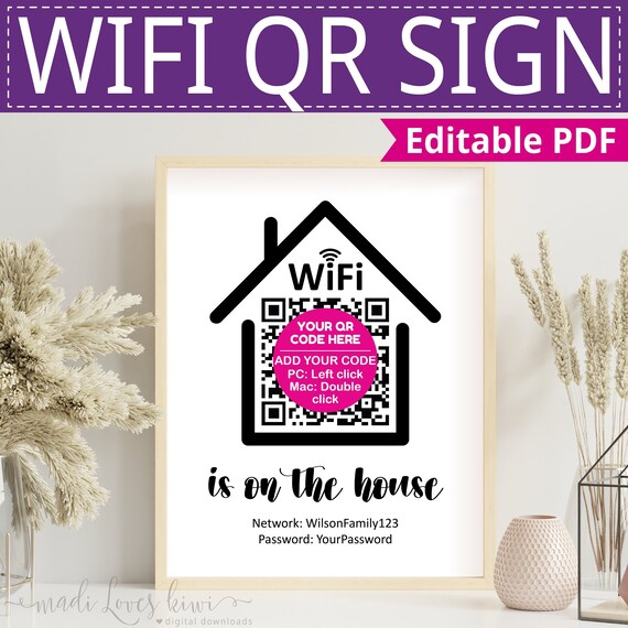 Editable WIFI Password Sign with QR Code, 8x10 & 5x7 Printable Wifi on