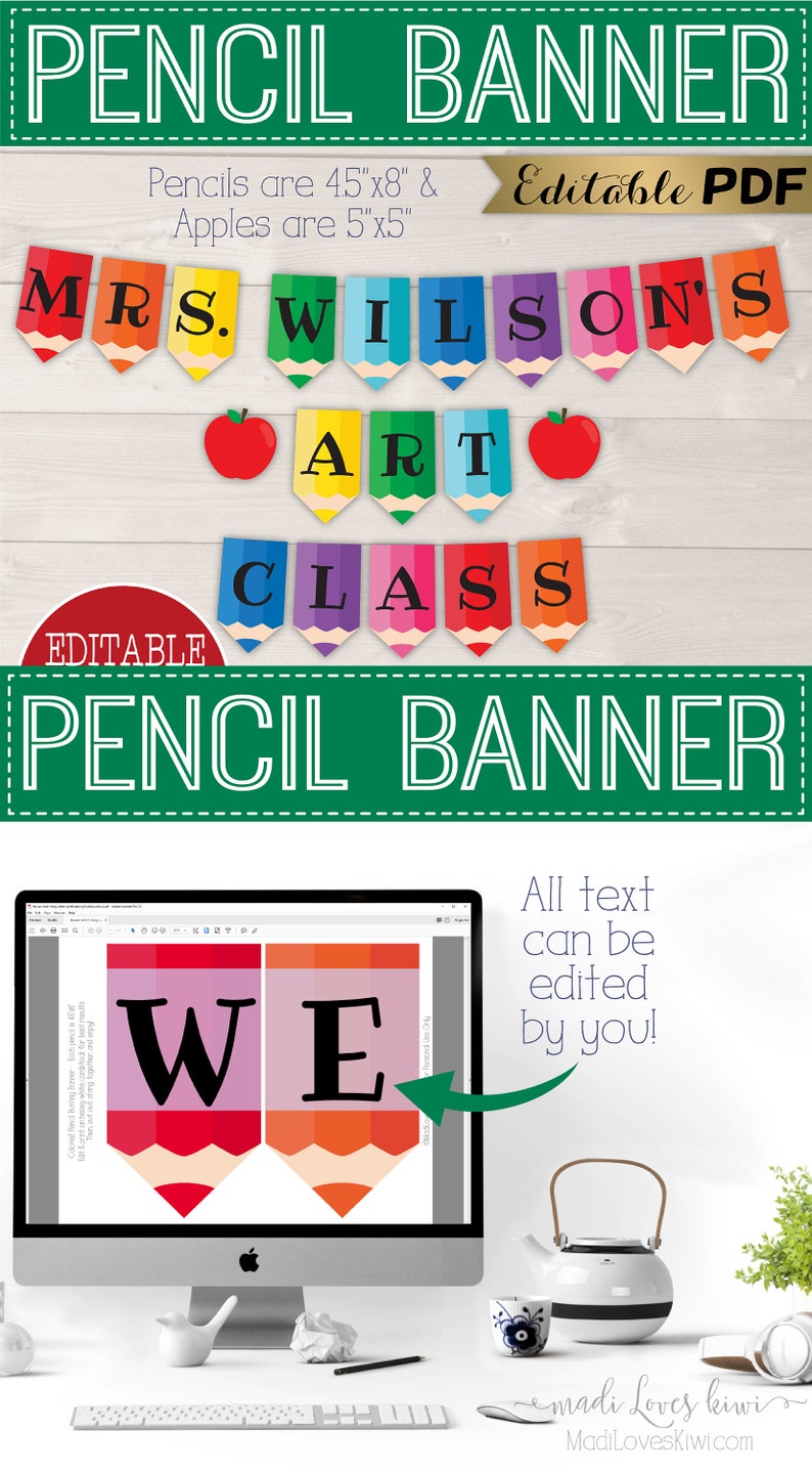 Personalized Rainbow Welcome Banner, Printable Pencil Back to School Decor, Pennant Classroom Bunting, Teacher Decorations Digital Download image 10