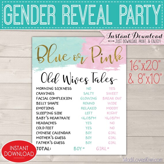 Blue Or Pink Gender Reveal Decorations Old Wives Tales Sign