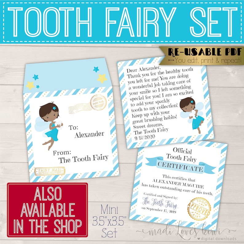 Personalized Tooth Fairy Letter Kit Boy, Printable Download First Lost Tooth Note Set Envelope Template PDF Digital Gift Idea No Teeth Cards image 8