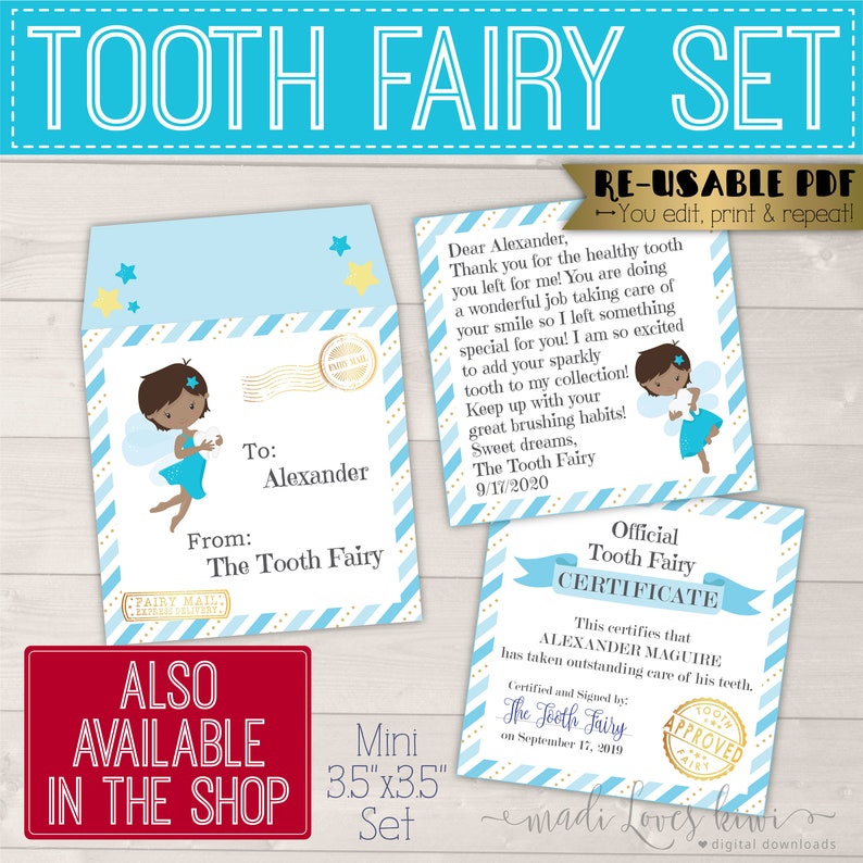 Personalized Tooth Fairy Letter Kit Boy, Printable Download First Lost Tooth Note Set Envelope Template PDF Digital Gift Idea No Teeth Cards image 8