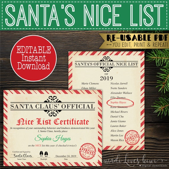 Printable Santa Nice List Certificate Santas Good List Editable Pdf Template Reusable North Pole Mail Digital Download By Madi Loves Kiwi Printables Shop Catch My Party