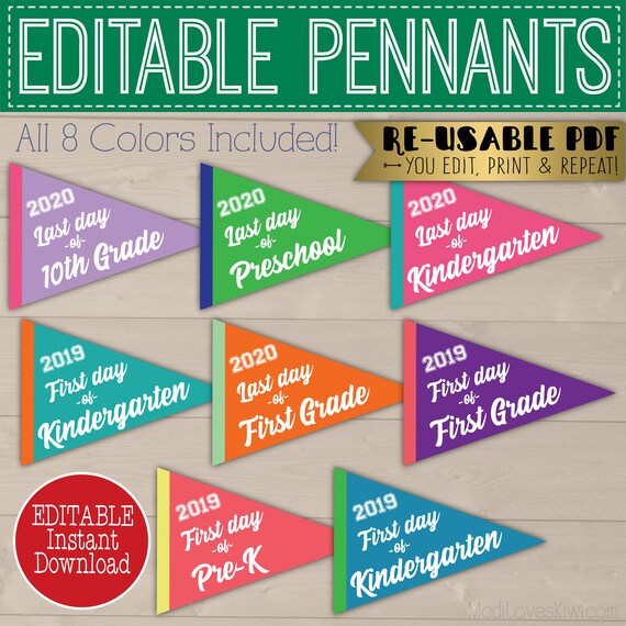 8 Pennant Photo Props First Day Of School Sign Reusable