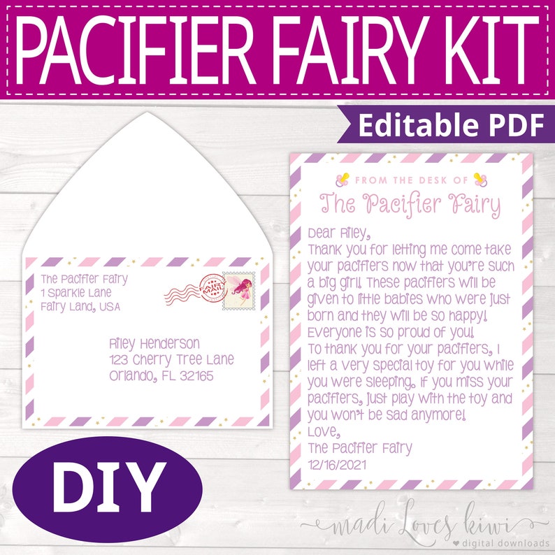 Printable Pacifier Fairy Letter Kit, Personalized Binky Note For Girl, Editable Paci Instant Download, Pink Purple Toddler Kid Template Idea image 1
