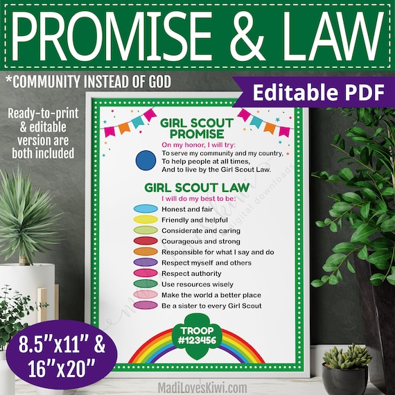 Printable Girl Scout Promise and Law Poster - COMMUNITY, Editable Troop Meeting Sign Instant Download, Daisy Pledge Chart PDF Template Decor Il_570xn