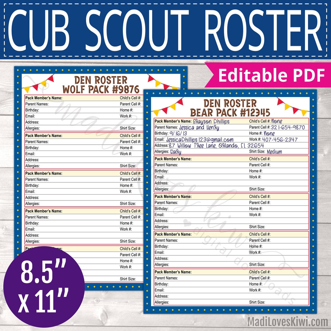 Printable Cub Scout Roster PDF Template Editable Pack, 60 OFF