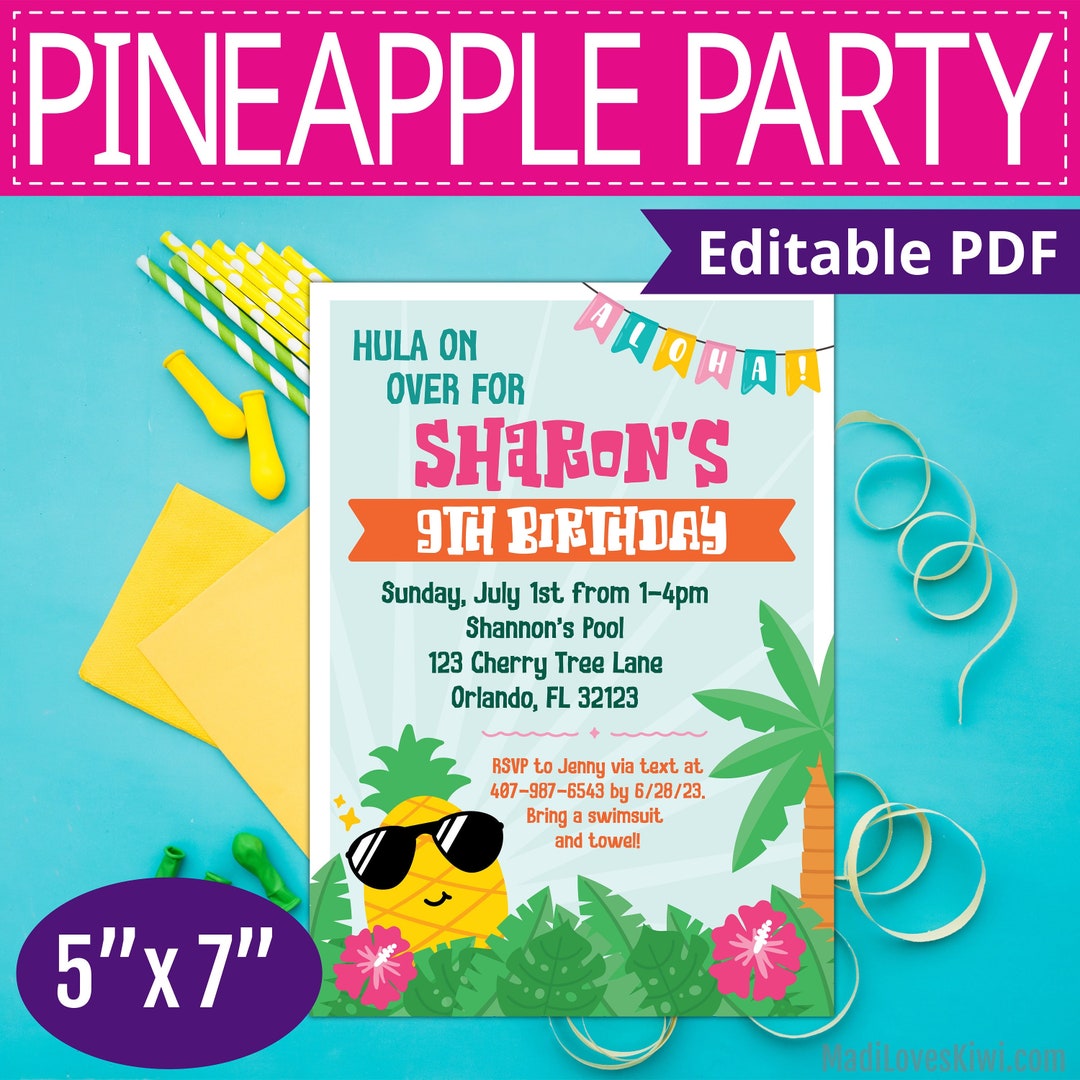 Editable Pineapple Birthday Party Invitation, Printable Hawaiian Luau ...