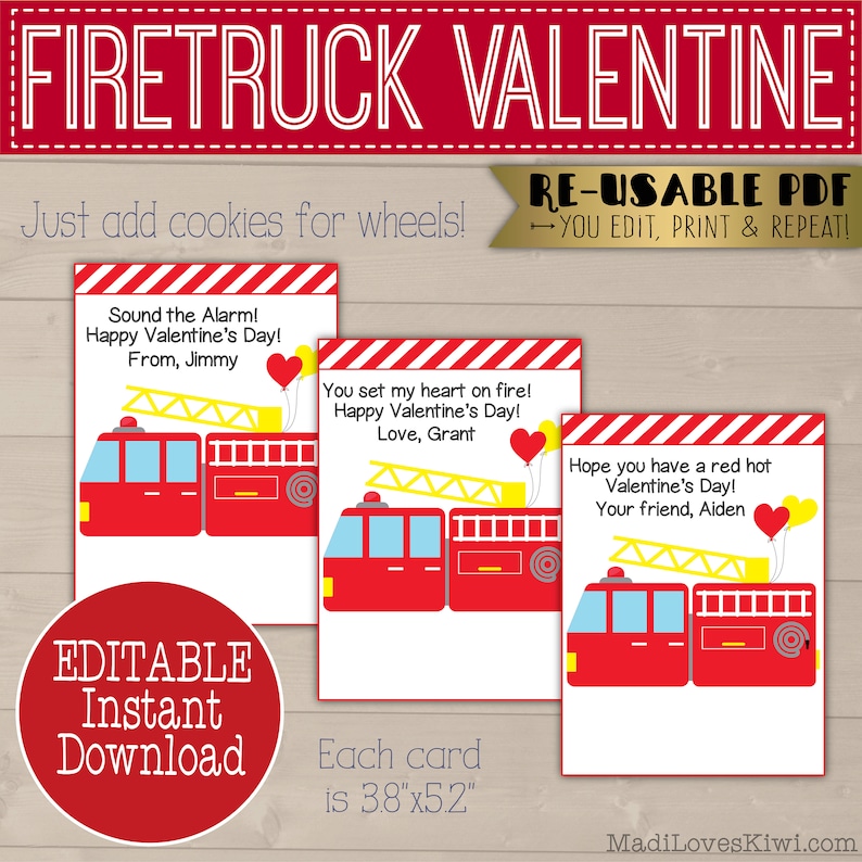 Imprimable Firetruck Valentines Day Card, Editable Fire Truck Oreo Valentine's Note for Kid Instant Download, Non Candy Gift Favor Treat Idea image 2