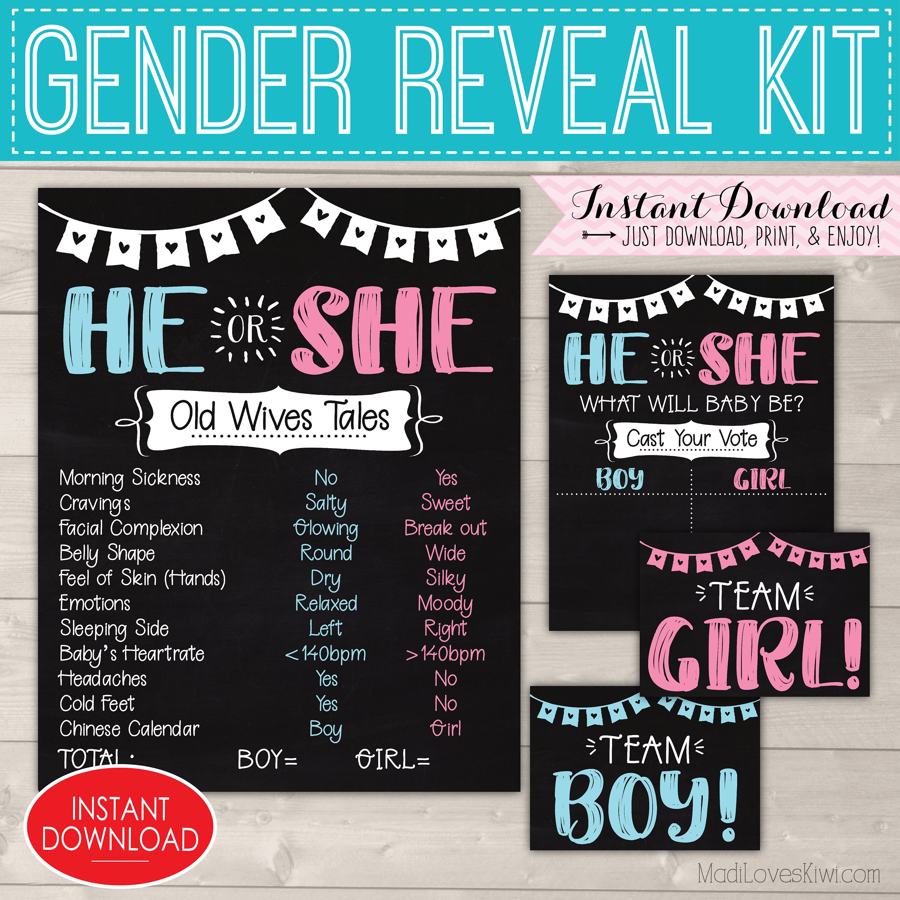 He Or She Gender Reveal Party Kit Old Wives Tales Sign Baby Etsy