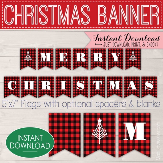 Buffalo Plaid Christmas Banner Printable, Red Merry Christmas Party ...