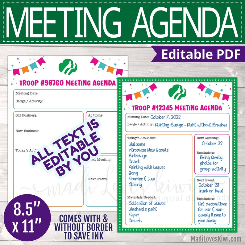 Editable Scout Meeting Agenda, Printable Girl Troop Leader Planner, Activity Log Instant Download Weekly Badge Sheet Chart Monthly Event PDF image 1