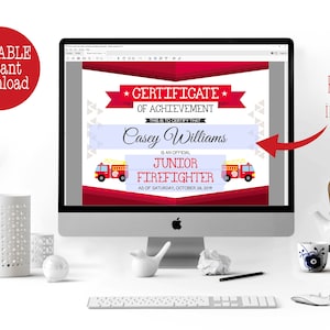 Printable Junior Firefighter Certificate, Firetruck Birthday Party Favor Idea Instant Download, Fireman Award Editable, Digital Fire Truck image 2