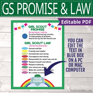 Printable Girl Scout Promise and Law Poster for Troop, 8.5x11 Editable ...