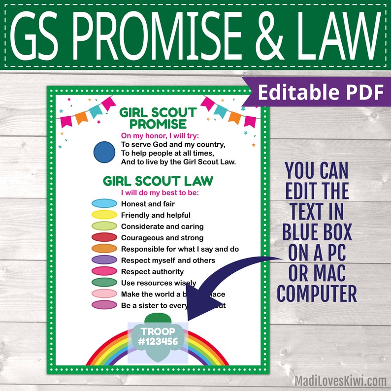 Printable Girl Scout Promise and Law Poster for Troop 8.5x11 Etsy