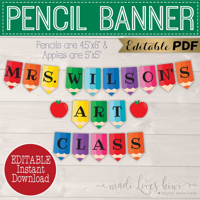 Personalized Rainbow Welcome Banner, Printable Pencil Back to School Decor, Pennant Classroom Bunting, Teacher Decorations Digital Download image 1