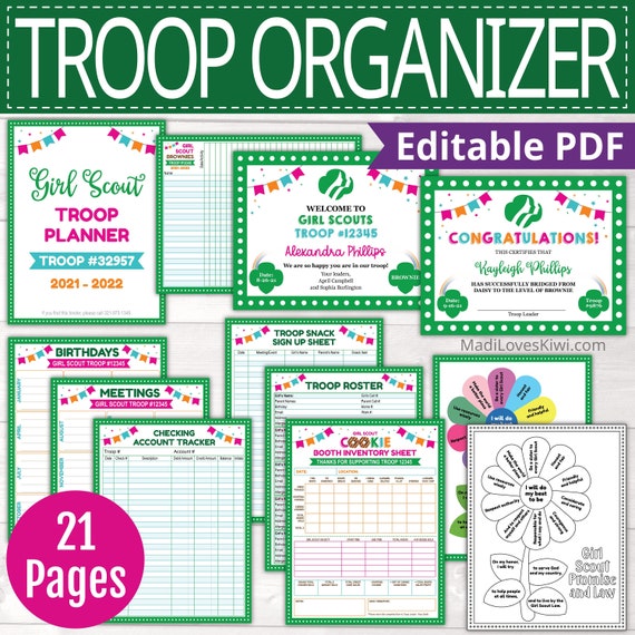 Girl Scout Troop Leader Organizer Printable, Editable Certificate, Attendance Log, Meeting Birthday Tracker, Petal Chart Snack Sign Up Sheet Il_570xn
