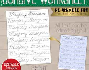 cursive name writing worksheet editable script handwriting etsy