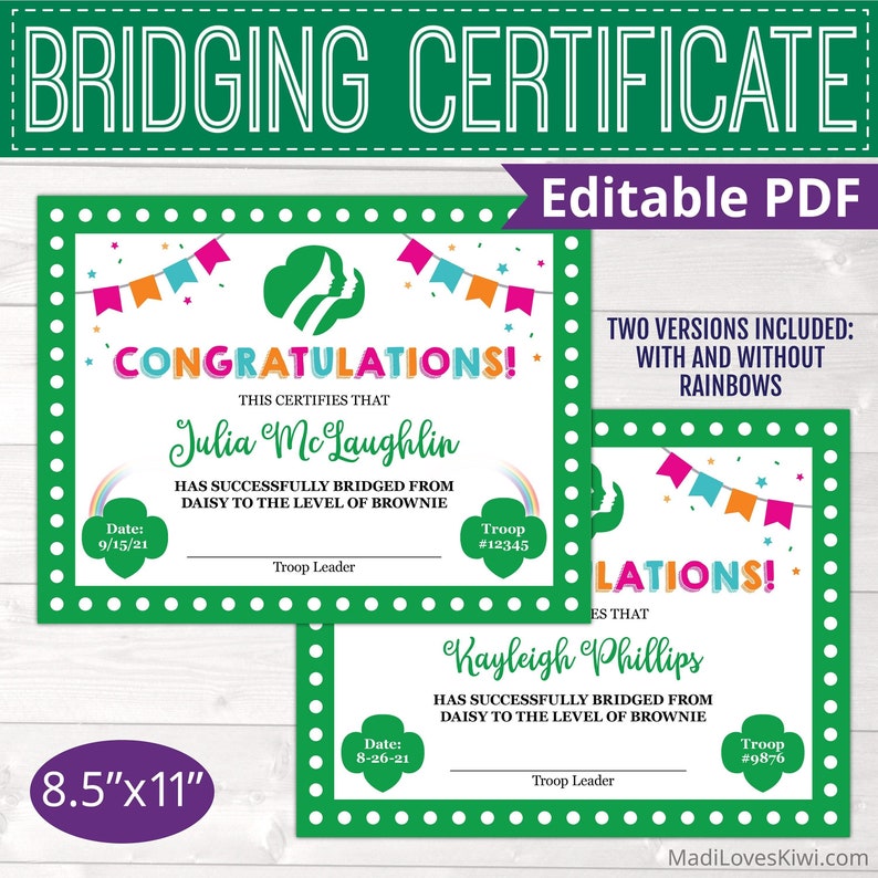 Editable Scout Bridging Certificate for All Levels Daisy Brownie Junior Cadet, Printable Ceremony Girl Troop Leader Instant Download DIY image 1