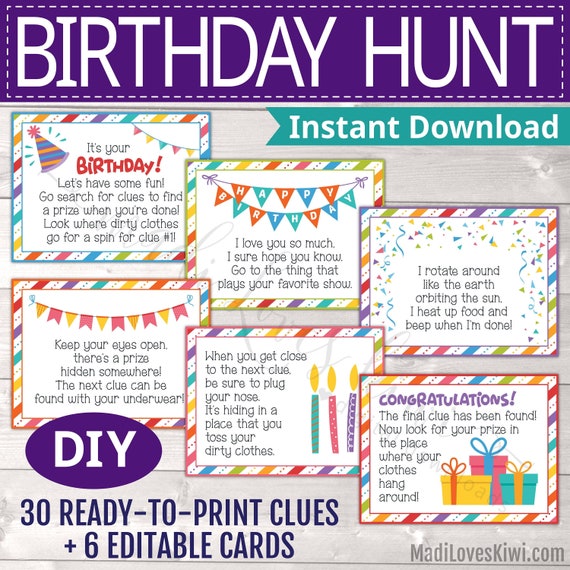 Printable Birthday Scavenger Hunt Instant Download, Editable Indoor Treasure Clue Game for Kid, Bday Party Family Idea Children Riddle Card Il_570xn