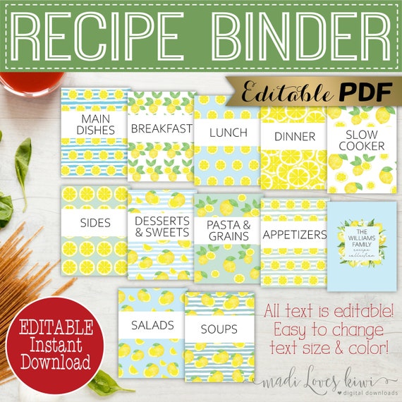 Editable Recipe Book Template Printable Lemon Binder Cover