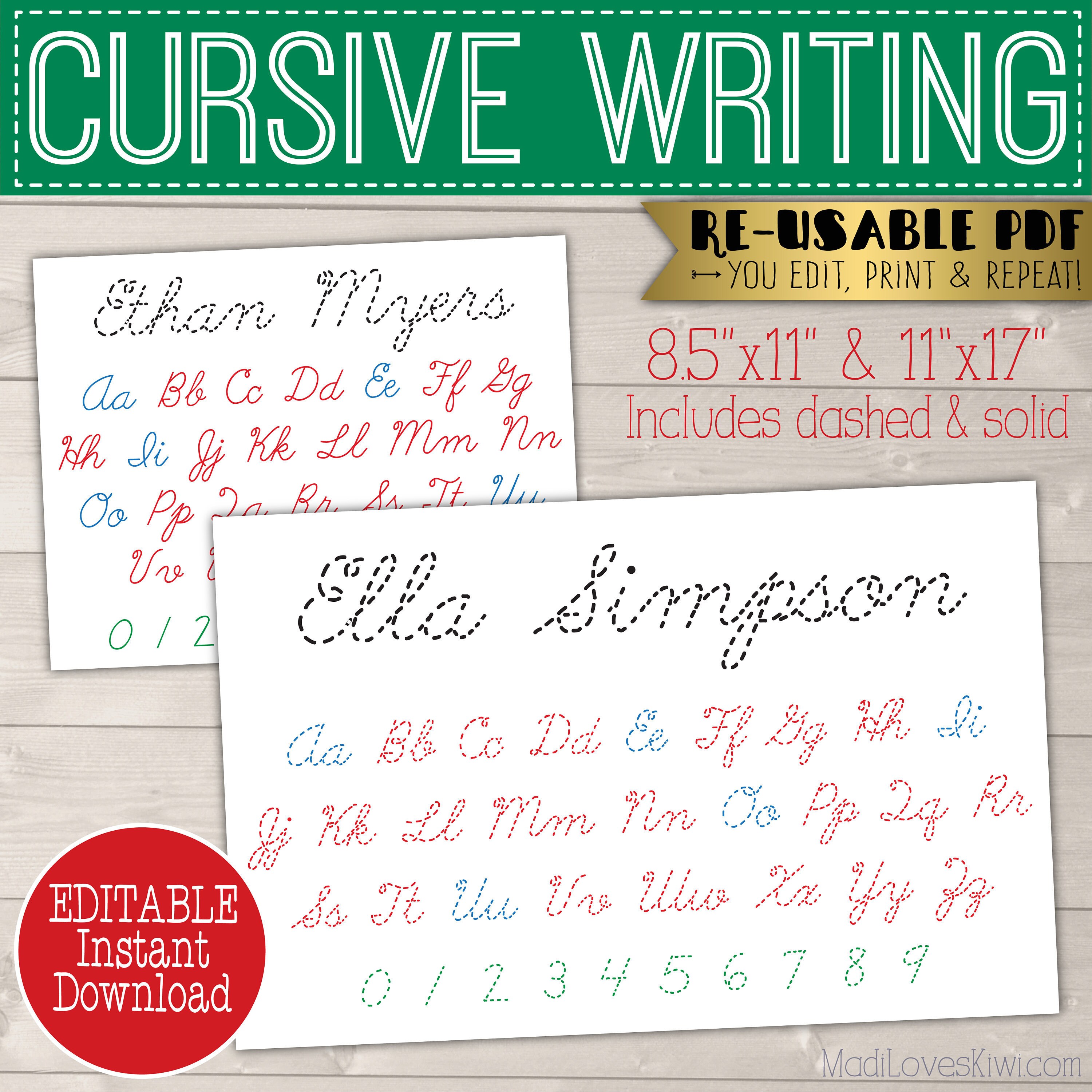 Cursive Name Writing Worksheet, Editable Script Handwriting Practice  Printable Letter Tracing Montessori Homeschool Language Dotted Copywork 