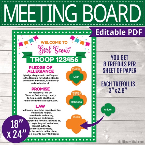 Editable Girl Scout Meeting Board, Printable Troop Leader Kaper Chart, Trefoil Name Badge, Pledge Promise Law Tracker Activity Log Weekly Il_570xn